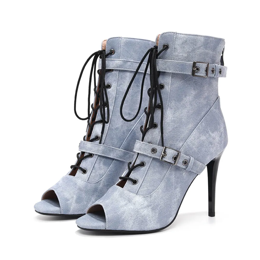 Denim Blue Stiletto Boots With Side Buckles