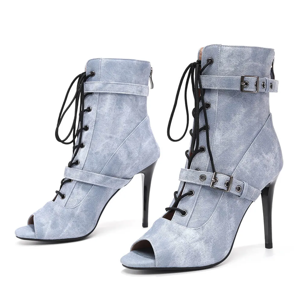 Denim Blue Stiletto Boots With Side Buckles