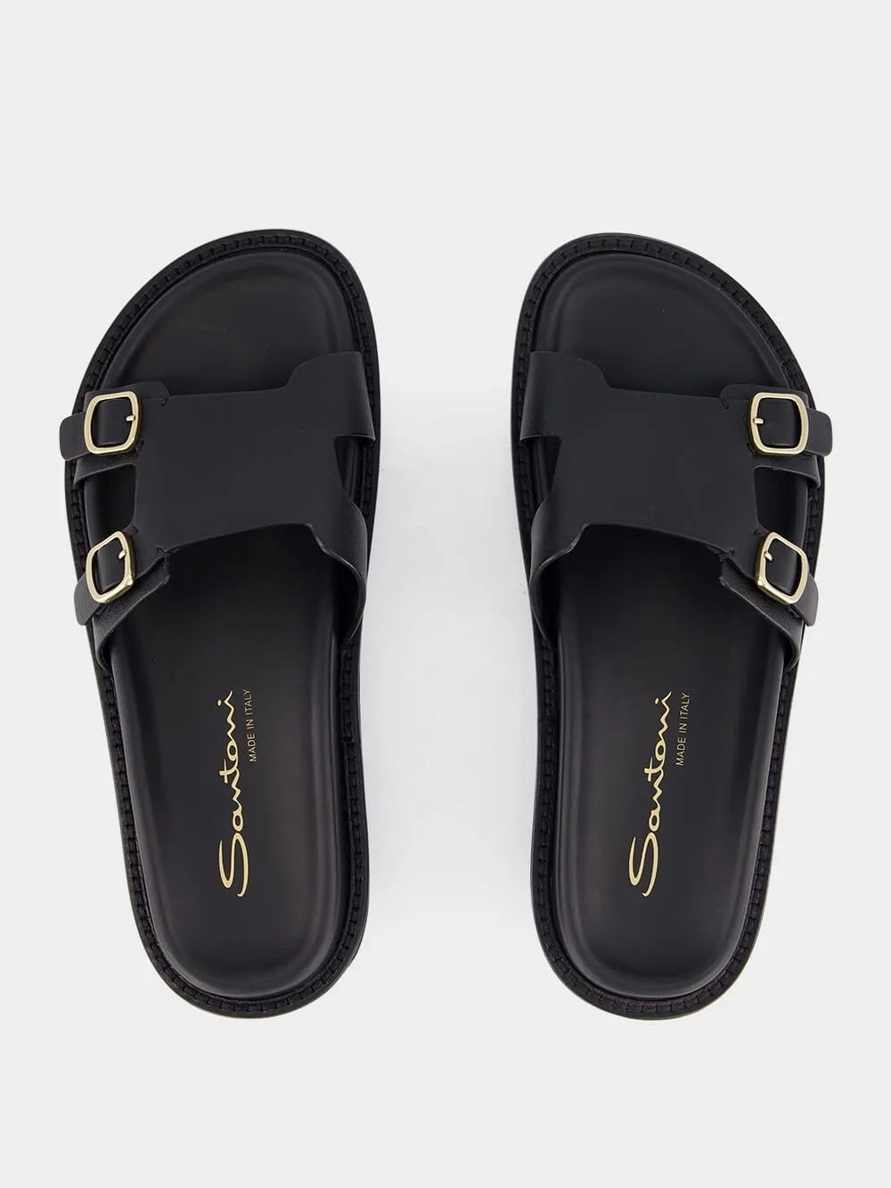 Double Buckle Leather Slides