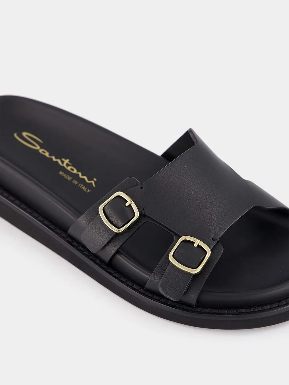 Double Buckle Leather Slides