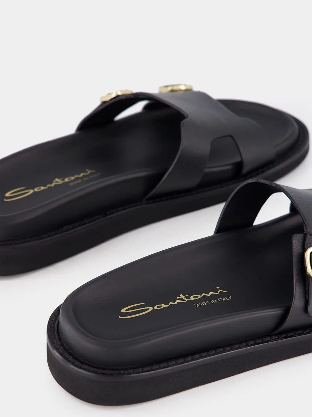 Double Buckle Leather Slides