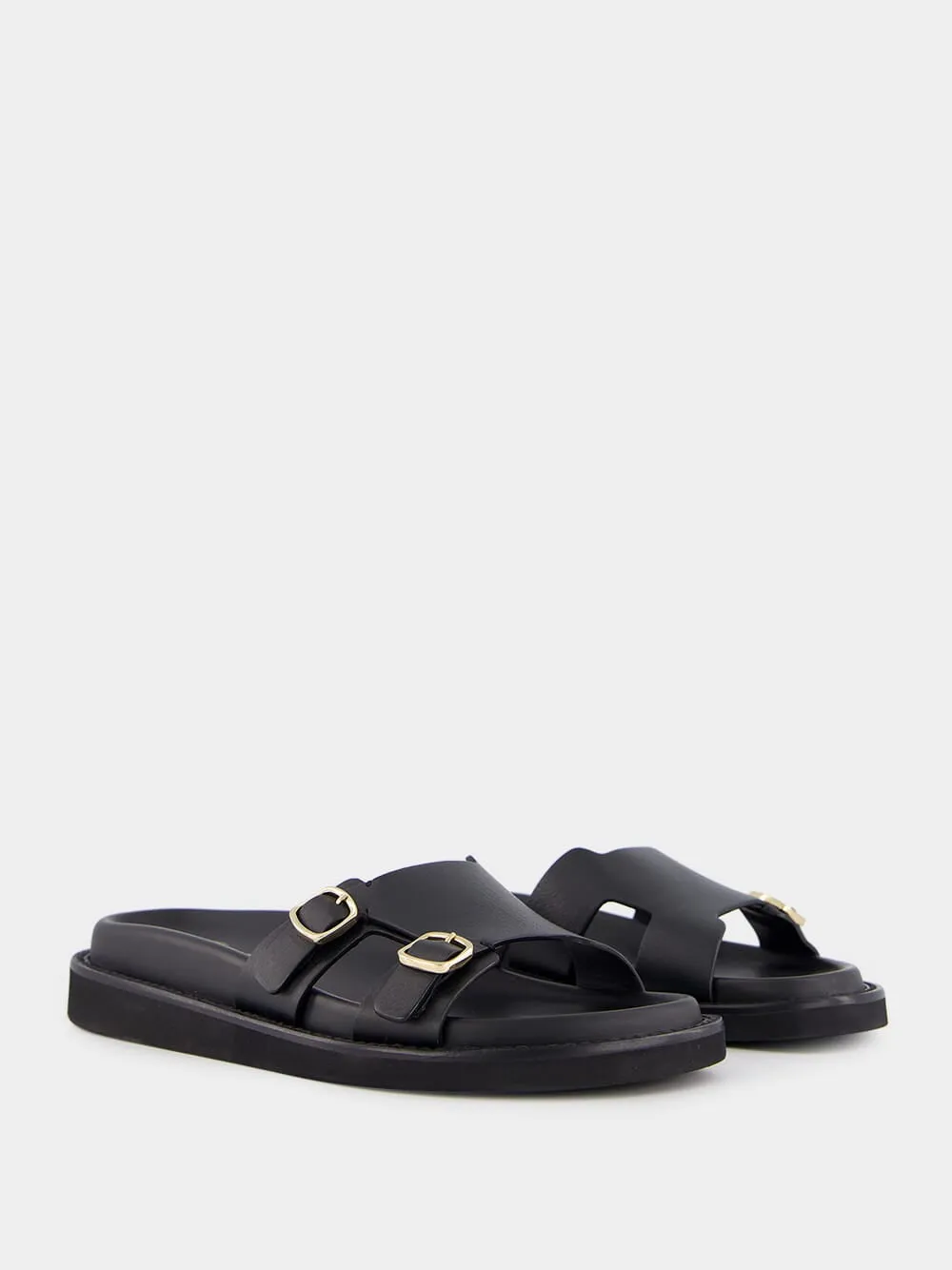 Double Buckle Leather Slides