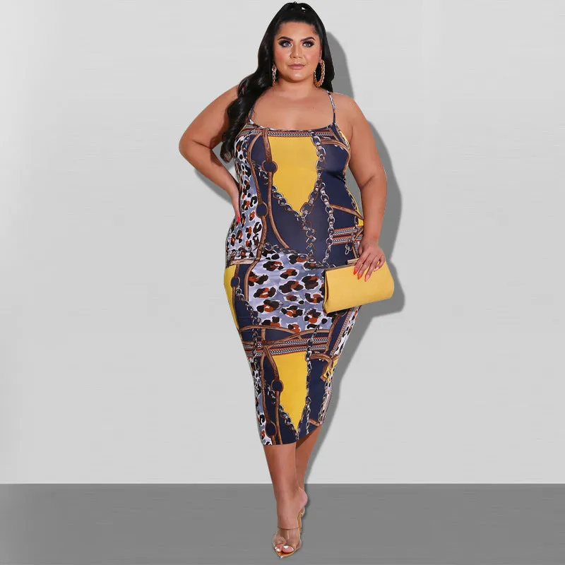Elegant Chain and Leopard Print Backless Midi Dress with Spaghetti Straps