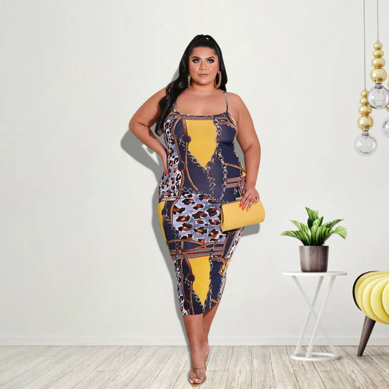 Elegant Chain and Leopard Print Backless Midi Dress with Spaghetti Straps