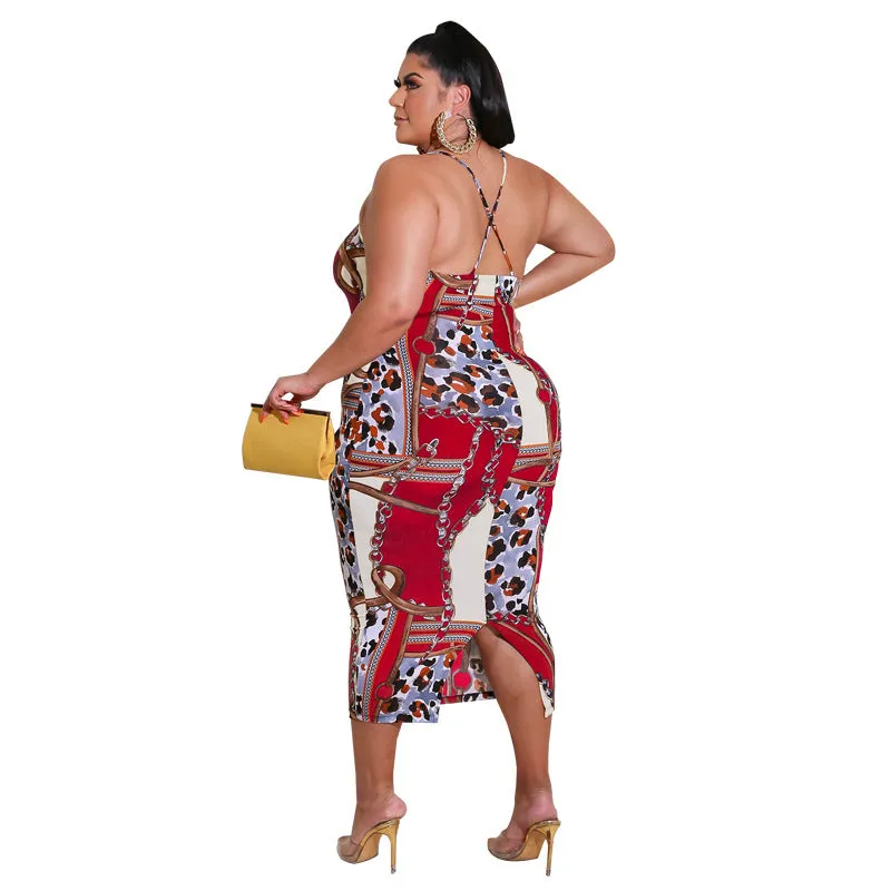 Elegant Chain and Leopard Print Backless Midi Dress with Spaghetti Straps