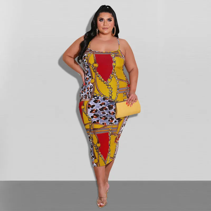 Elegant Chain and Leopard Print Backless Midi Dress with Spaghetti Straps