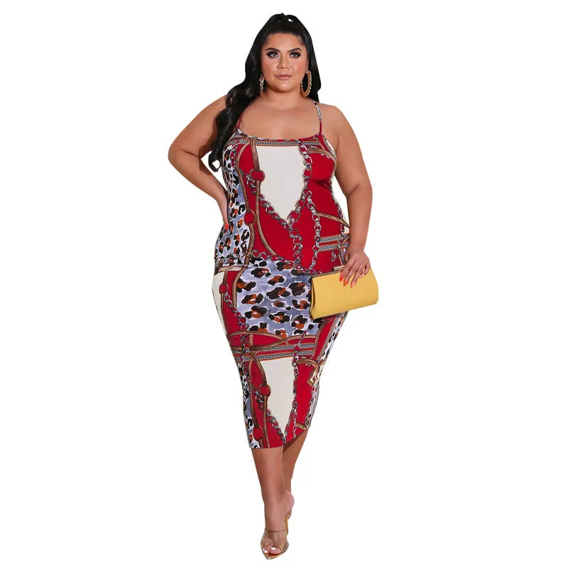 Elegant Chain and Leopard Print Backless Midi Dress with Spaghetti Straps