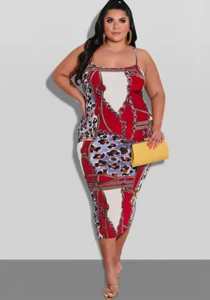 Elegant Chain and Leopard Print Backless Midi Dress with Spaghetti Straps