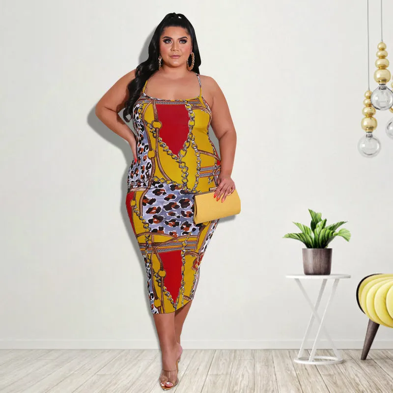 Elegant Chain and Leopard Print Backless Midi Dress with Spaghetti Straps
