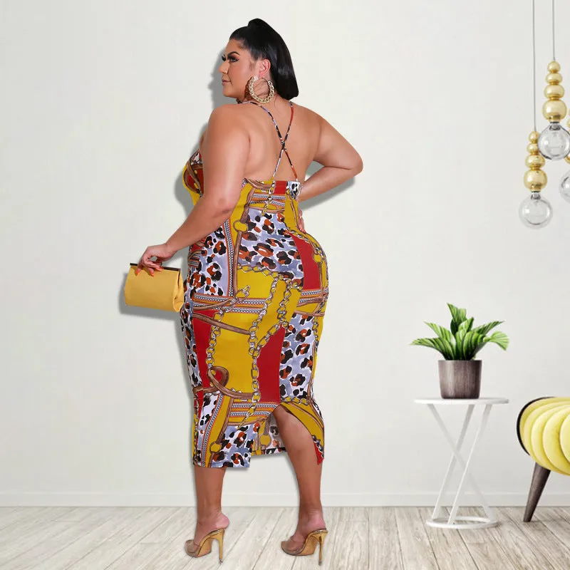 Elegant Chain and Leopard Print Backless Midi Dress with Spaghetti Straps
