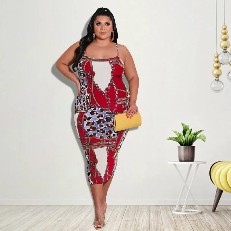 Elegant Chain and Leopard Print Backless Midi Dress with Spaghetti Straps