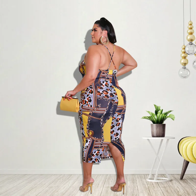 Elegant Chain and Leopard Print Backless Midi Dress with Spaghetti Straps