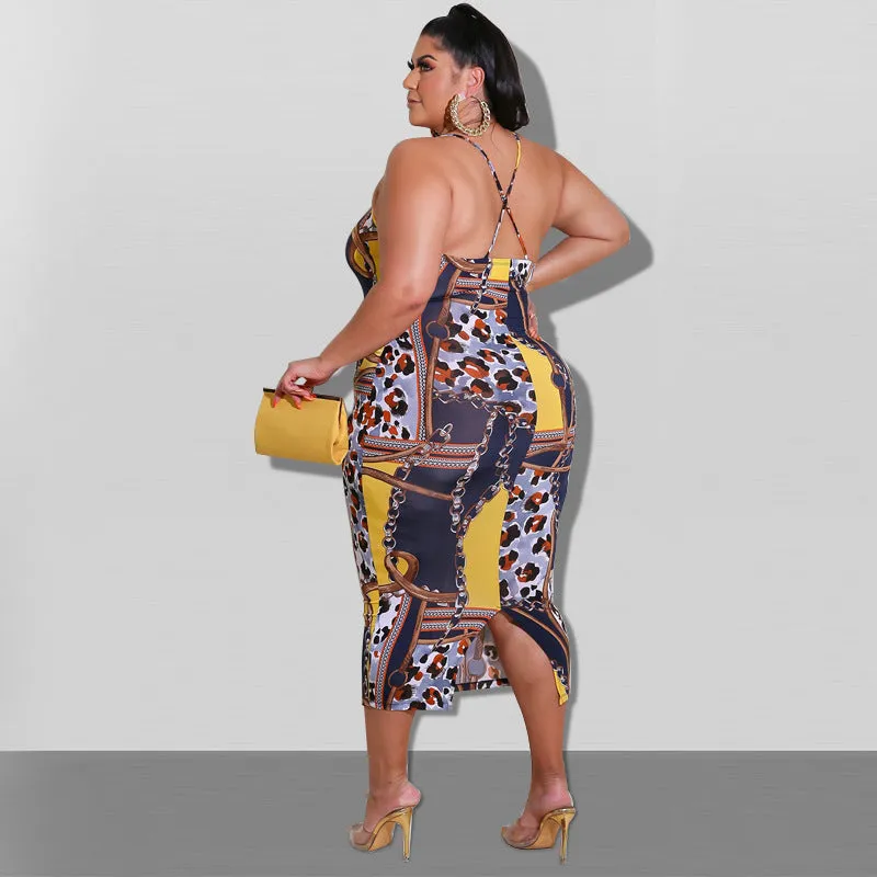 Elegant Chain and Leopard Print Backless Midi Dress with Spaghetti Straps