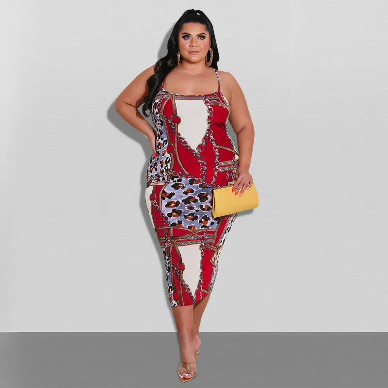 Elegant Chain and Leopard Print Backless Midi Dress with Spaghetti Straps