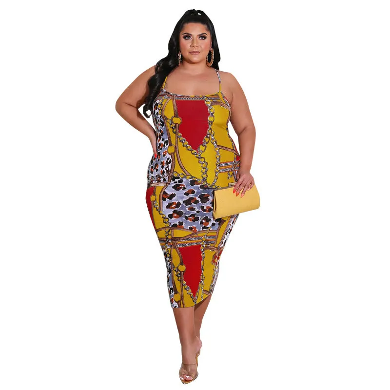 Elegant Chain and Leopard Print Backless Midi Dress with Spaghetti Straps