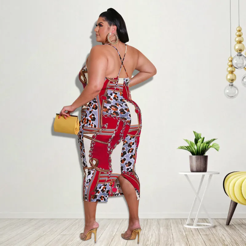 Elegant Chain and Leopard Print Backless Midi Dress with Spaghetti Straps