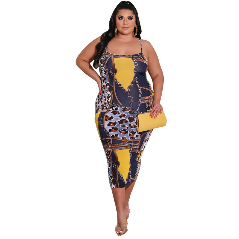Elegant Chain and Leopard Print Backless Midi Dress with Spaghetti Straps