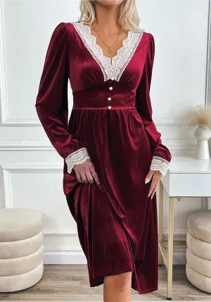 Elegant Contrasting Lace Velvet Patchwork Long Sleeve Dress