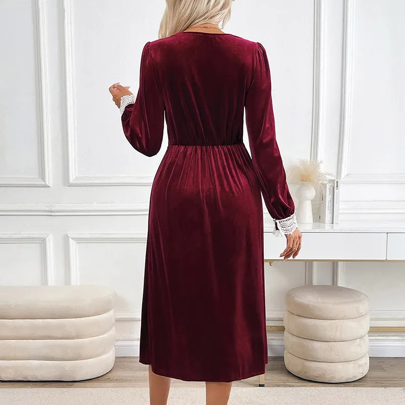 Elegant Contrasting Lace Velvet Patchwork Long Sleeve Dress