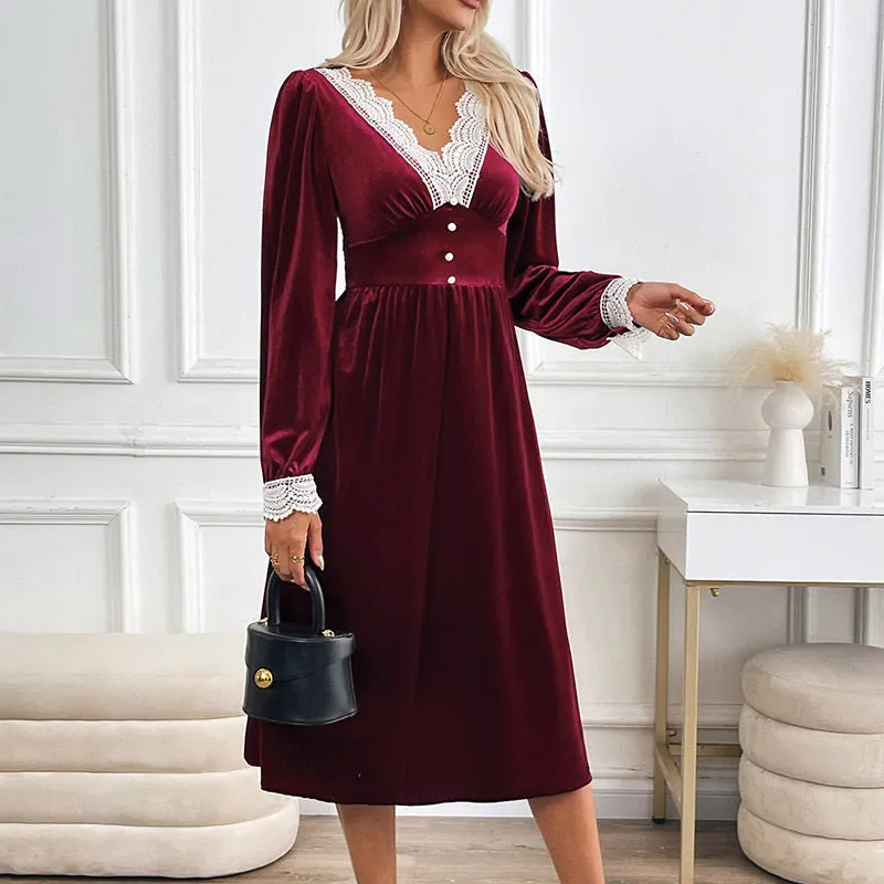 Elegant Contrasting Lace Velvet Patchwork Long Sleeve Dress