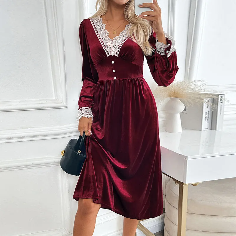 Elegant Contrasting Lace Velvet Patchwork Long Sleeve Dress
