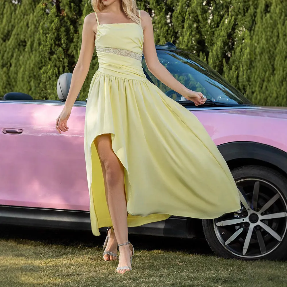 Elegant Mesh Patchwork Asymmetrical Ruffle Dress with Spaghetti Straps