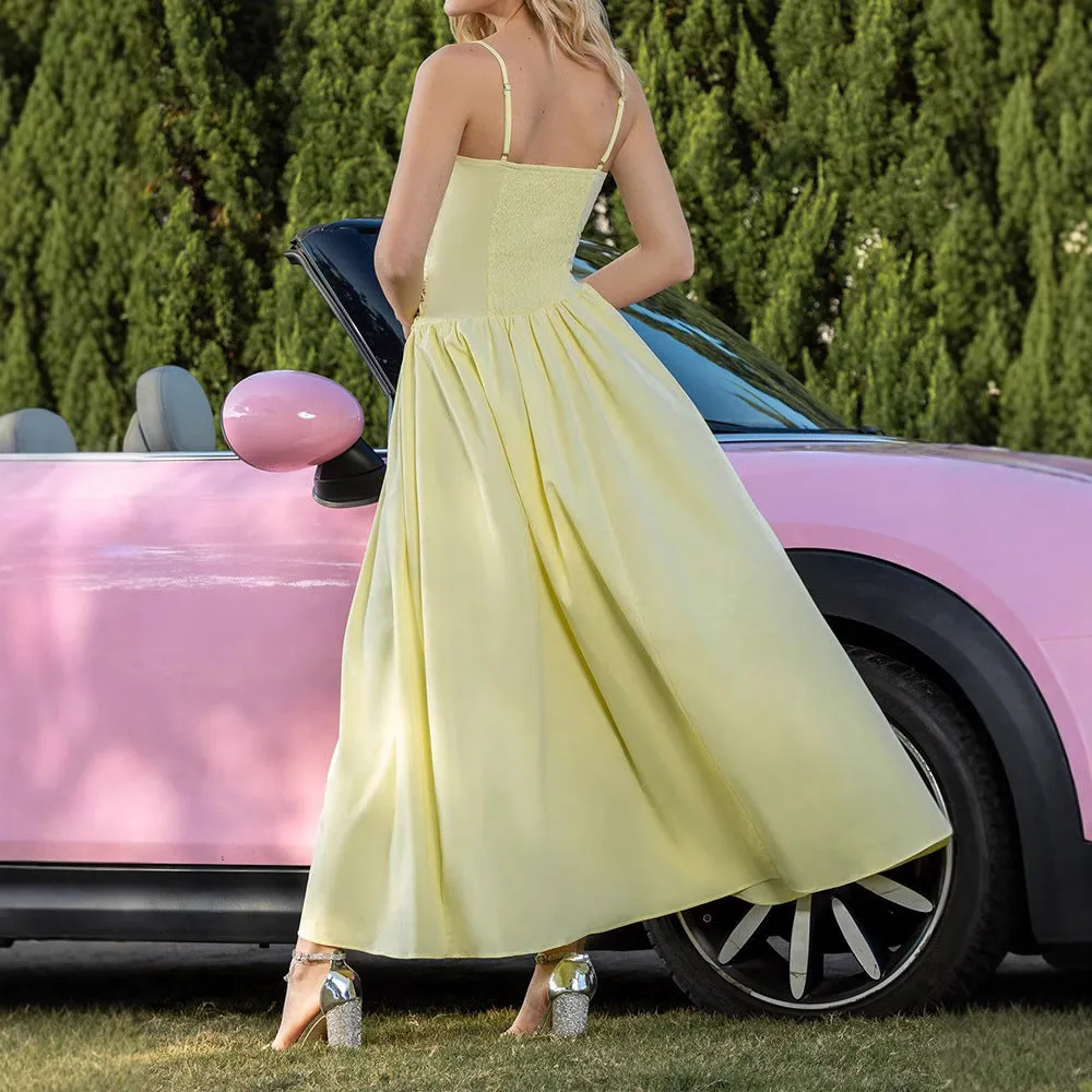Elegant Mesh Patchwork Asymmetrical Ruffle Dress with Spaghetti Straps
