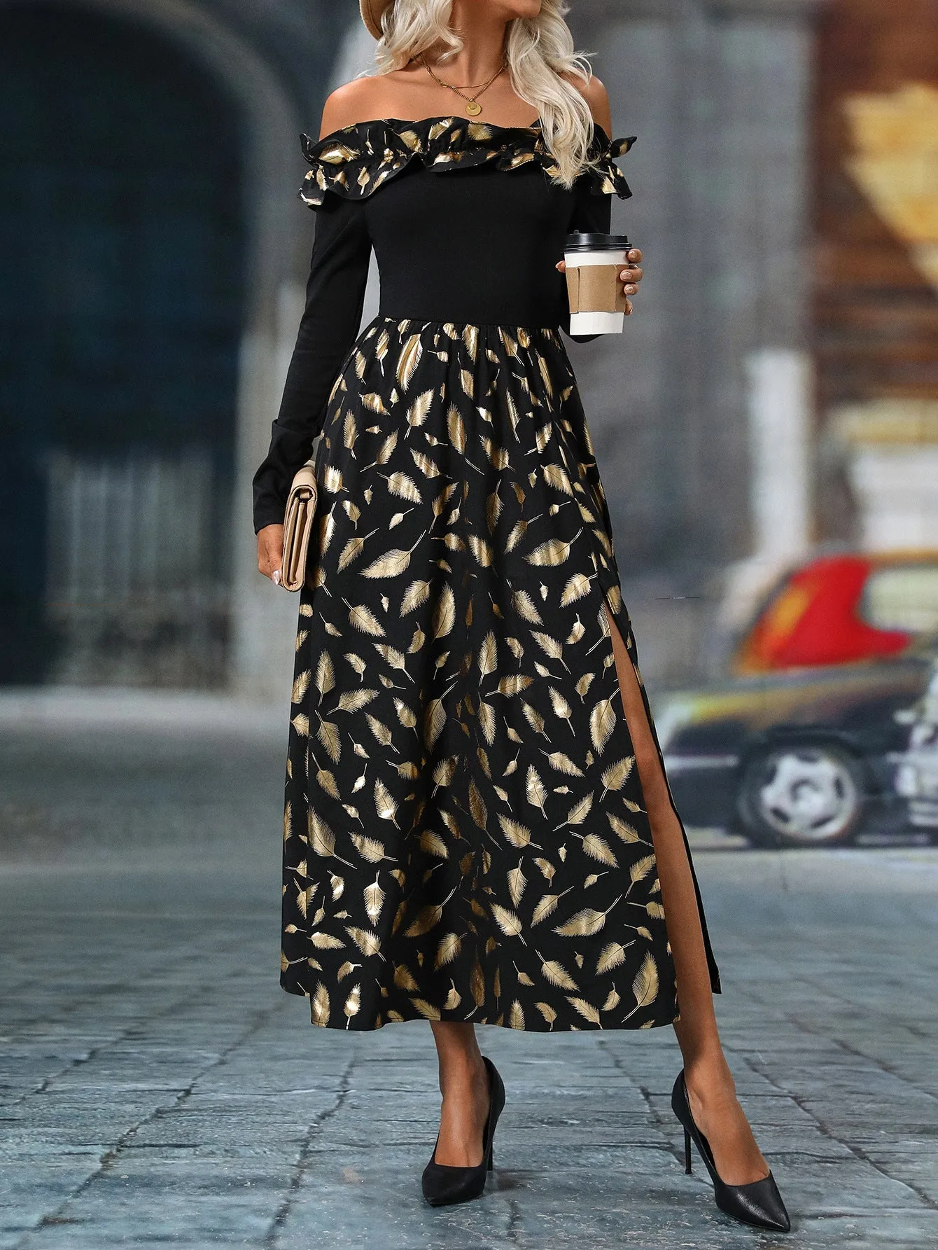 Elegant Off Shoulder Shiny Feather Print Maxi Dress with Slit