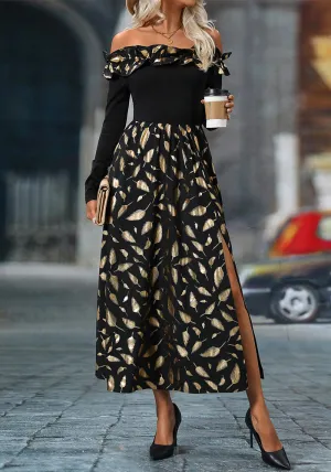 Elegant Off Shoulder Shiny Feather Print Maxi Dress with Slit