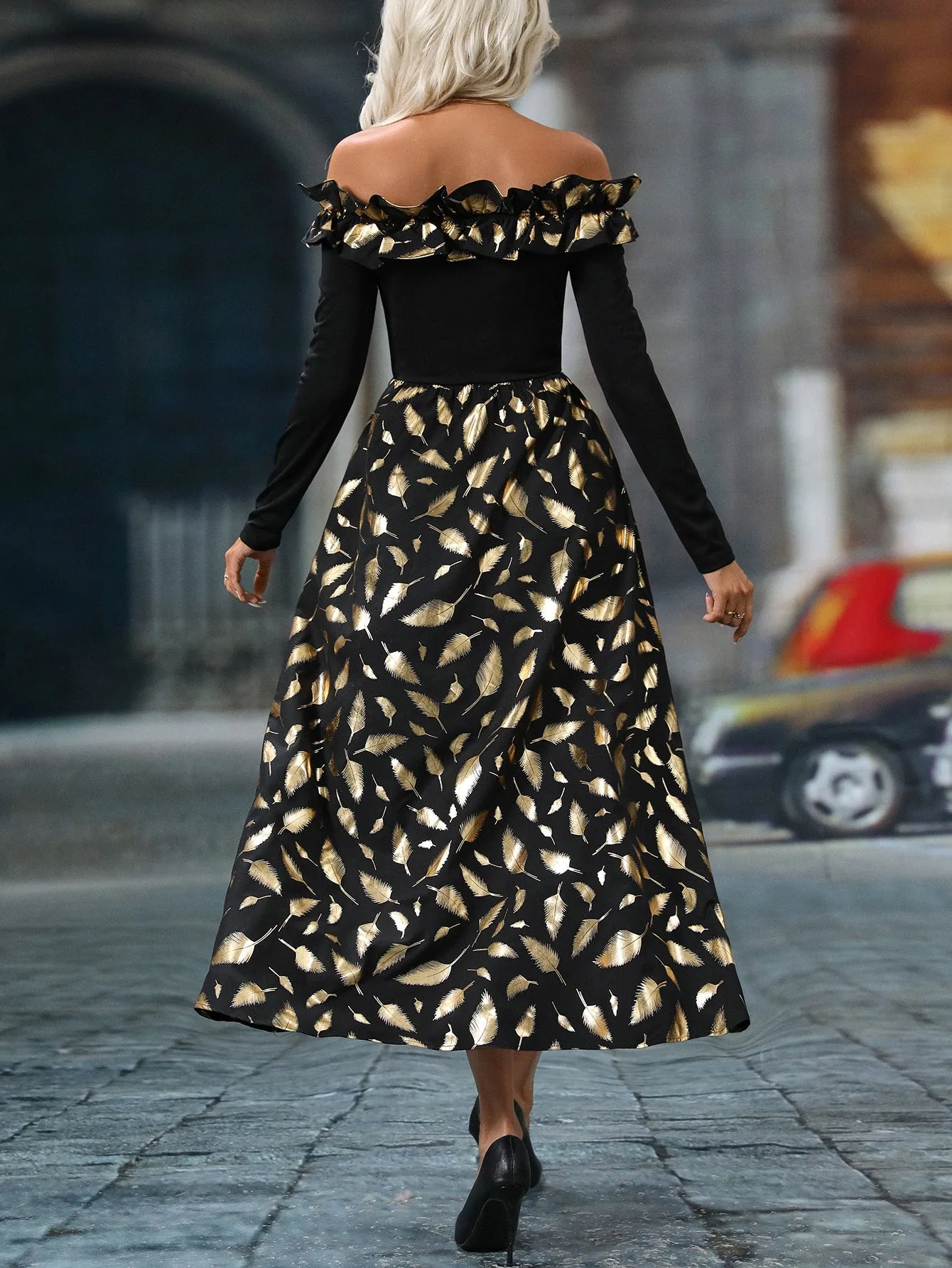 Elegant Off Shoulder Shiny Feather Print Maxi Dress with Slit