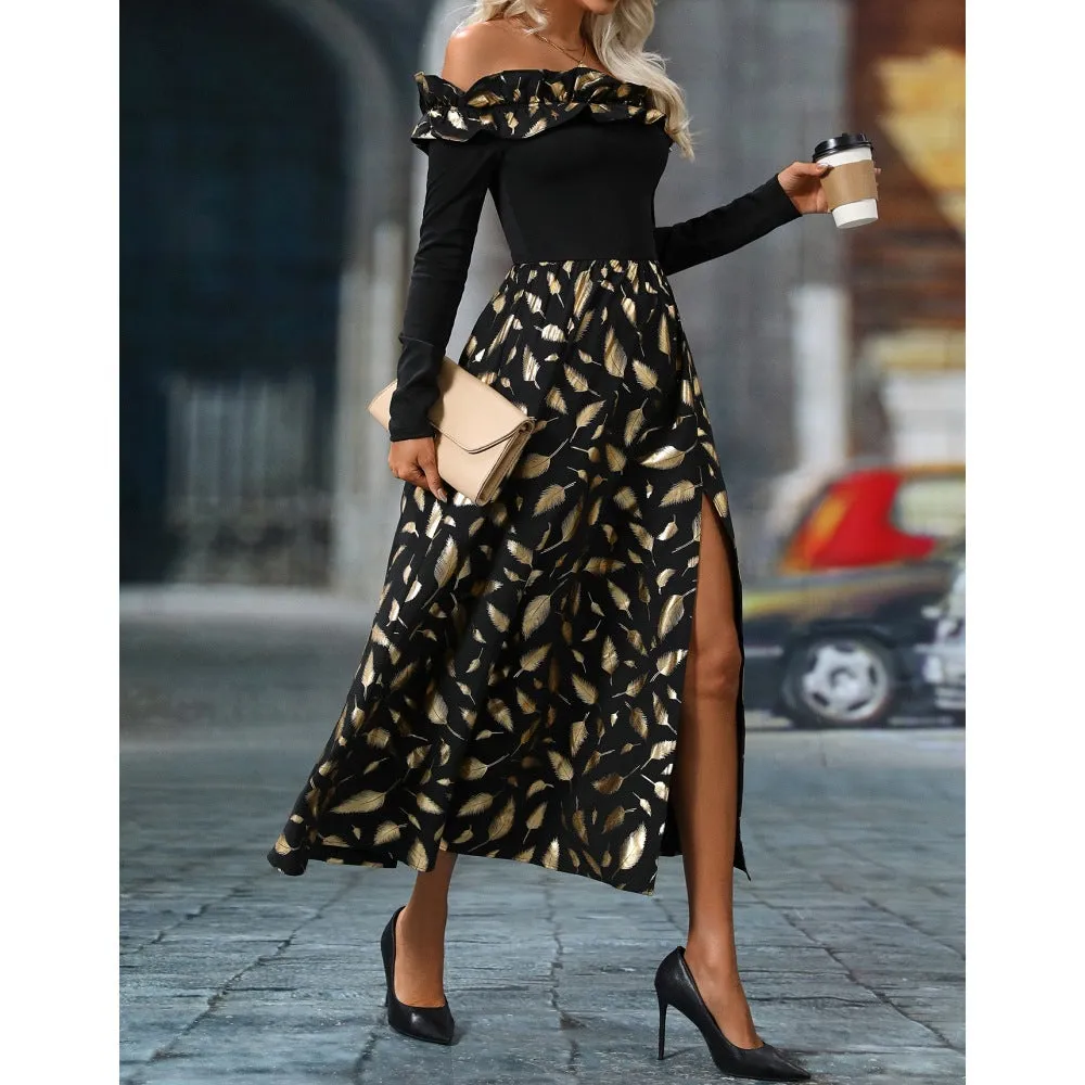 Elegant Off Shoulder Shiny Feather Print Maxi Dress with Slit