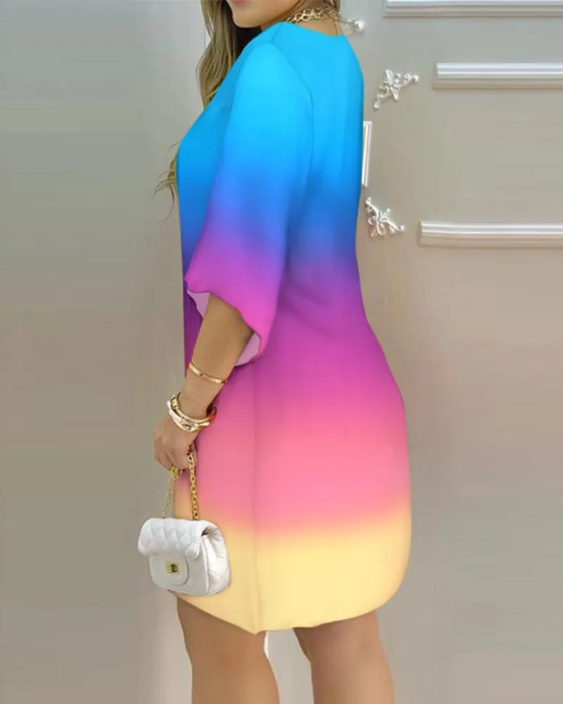 Elegant Peacock Print Loose-Fit Dress with Half Sleeves