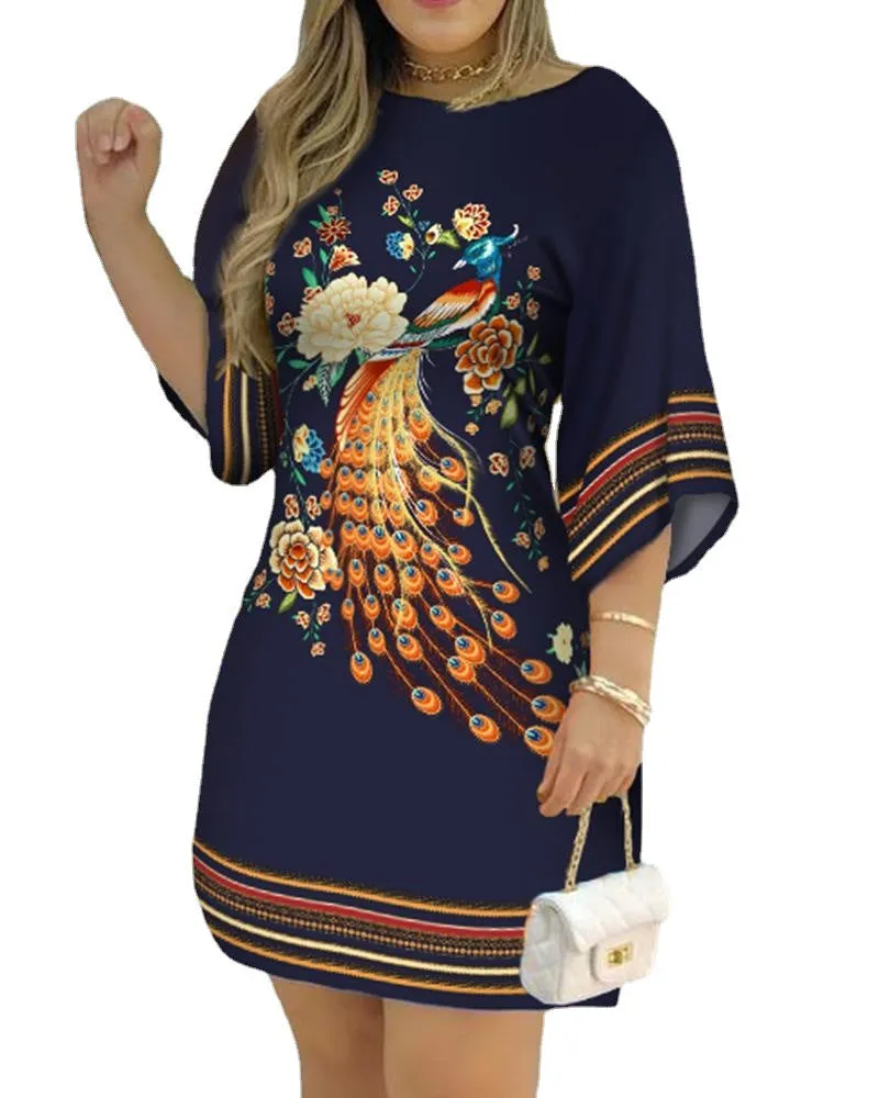 Elegant Peacock Print Loose-Fit Dress with Half Sleeves
