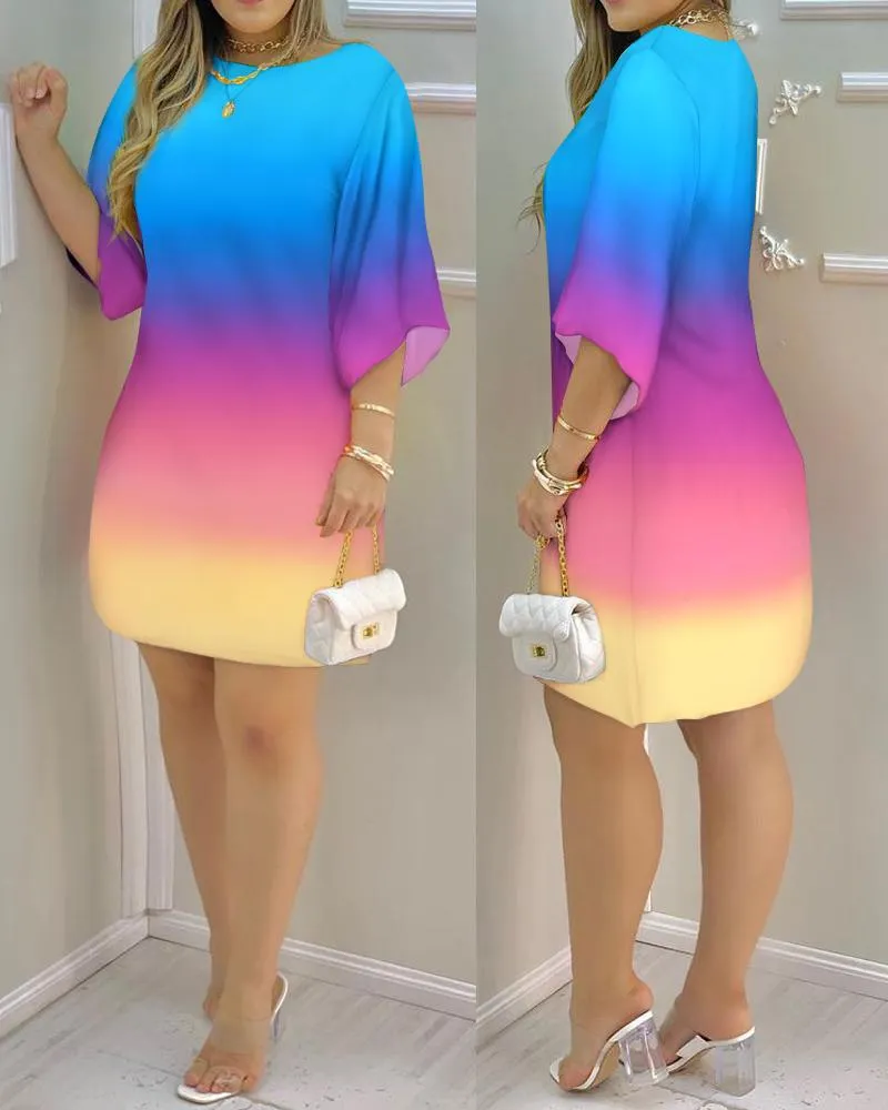 Elegant Peacock Print Loose-Fit Dress with Half Sleeves