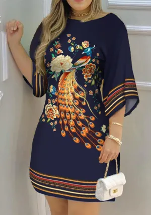 Elegant Peacock Print Loose-Fit Dress with Half Sleeves