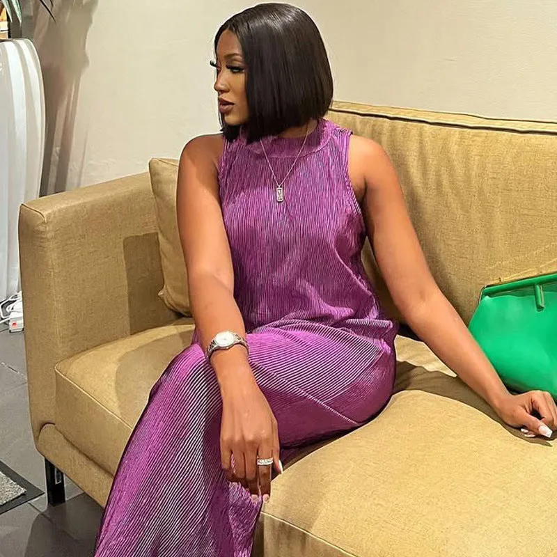 Elegant Sleeveless Asymmetrical Top and Wide-Leg Trousers Two-Piece Set for Effortless Chic