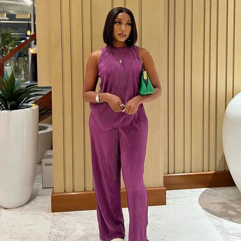 Elegant Sleeveless Asymmetrical Top and Wide-Leg Trousers Two-Piece Set for Effortless Chic