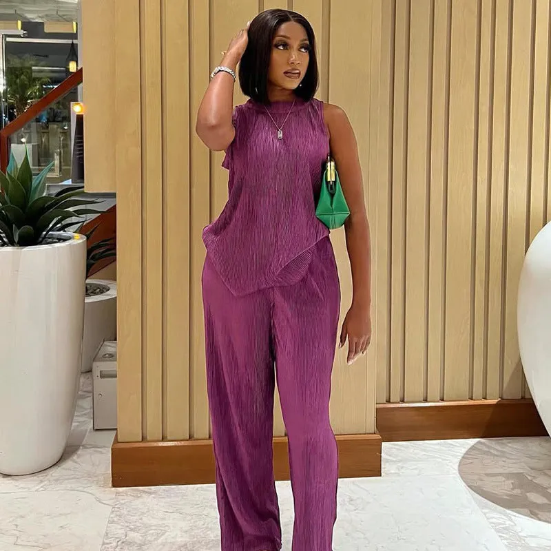 Elegant Sleeveless Asymmetrical Top and Wide-Leg Trousers Two-Piece Set for Effortless Chic