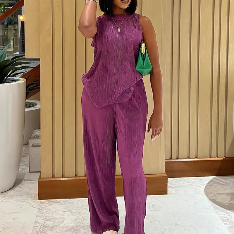 Elegant Sleeveless Asymmetrical Top and Wide-Leg Trousers Two-Piece Set for Effortless Chic