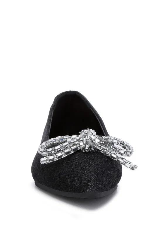 Ellerby Embellished Bow Ballet Flats – Rhinestone Detail, Denim, Pointed Toe Flats