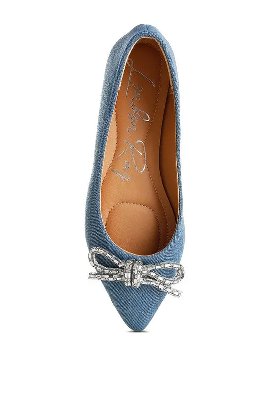 Ellerby Embellished Bow Ballet Flats – Rhinestone Detail, Denim, Pointed Toe Flats