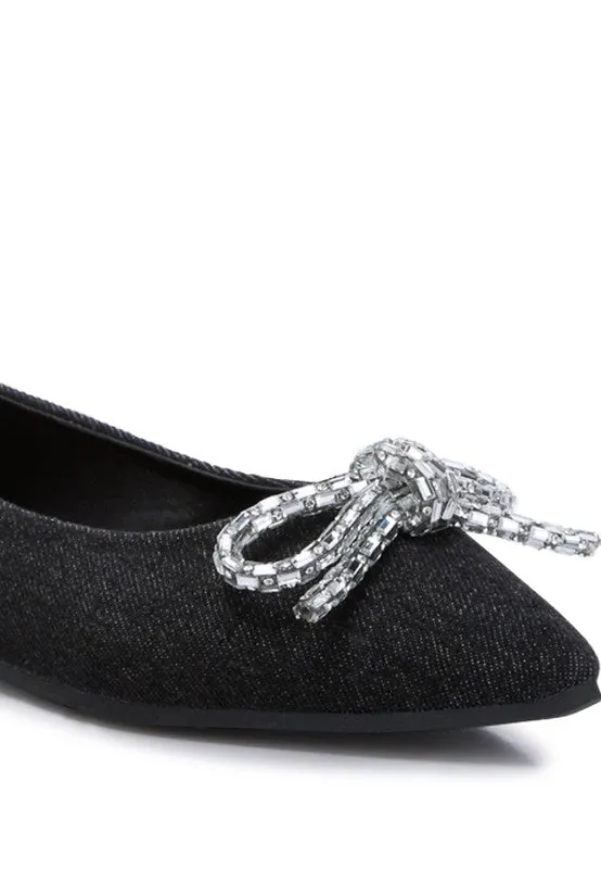 Ellerby Embellished Bow Ballet Flats – Rhinestone Detail, Denim, Pointed Toe Flats