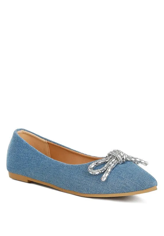 Ellerby Embellished Bow Ballet Flats – Rhinestone Detail, Denim, Pointed Toe Flats