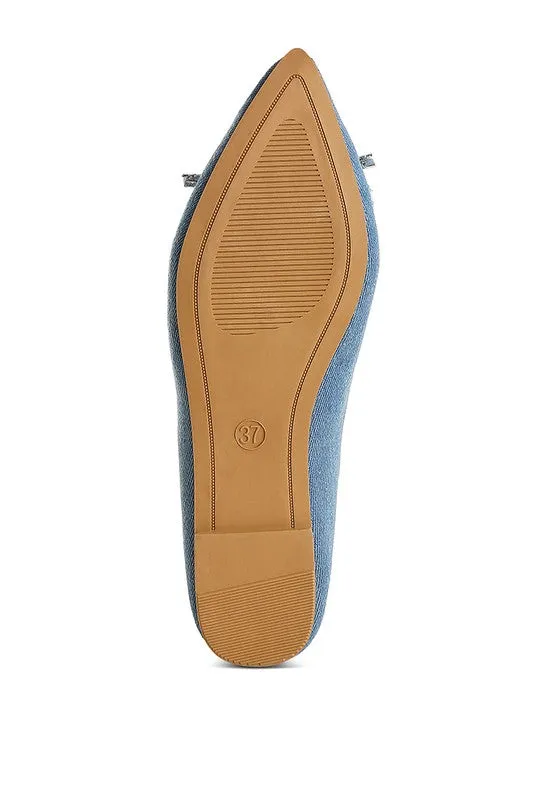 Ellerby Embellished Bow Ballet Flats – Rhinestone Detail, Denim, Pointed Toe Flats