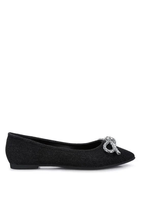 Ellerby Embellished Bow Ballet Flats – Rhinestone Detail, Denim, Pointed Toe Flats