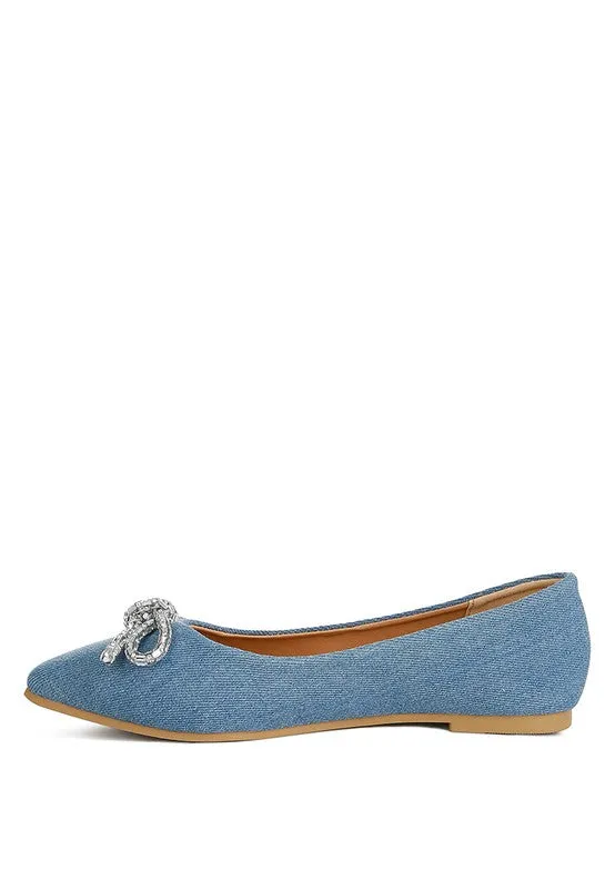 Ellerby Embellished Bow Ballet Flats – Rhinestone Detail, Denim, Pointed Toe Flats