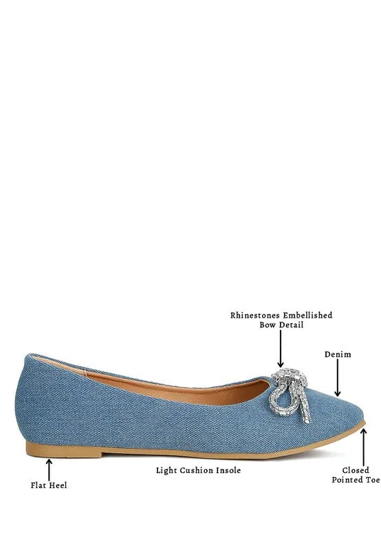 Ellerby Embellished Bow Ballet Flats – Rhinestone Detail, Denim, Pointed Toe Flats