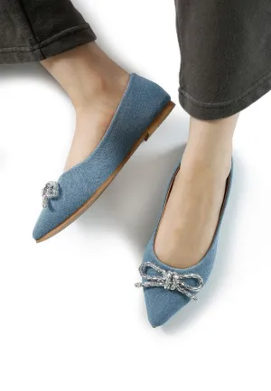 Ellerby Embellished Bow Ballet Flats – Rhinestone Detail, Denim, Pointed Toe Flats
