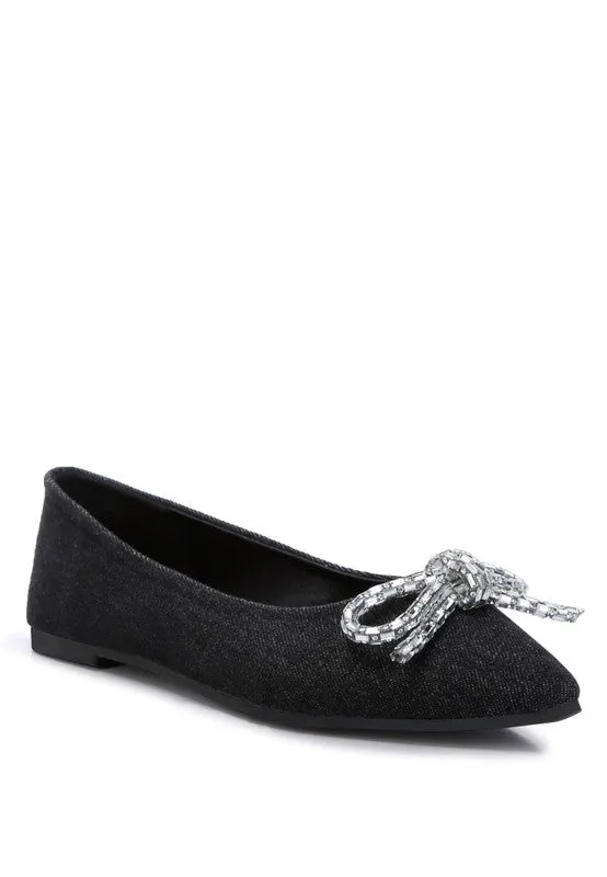 Ellerby Embellished Bow Ballet Flats – Rhinestone Detail, Denim, Pointed Toe Flats