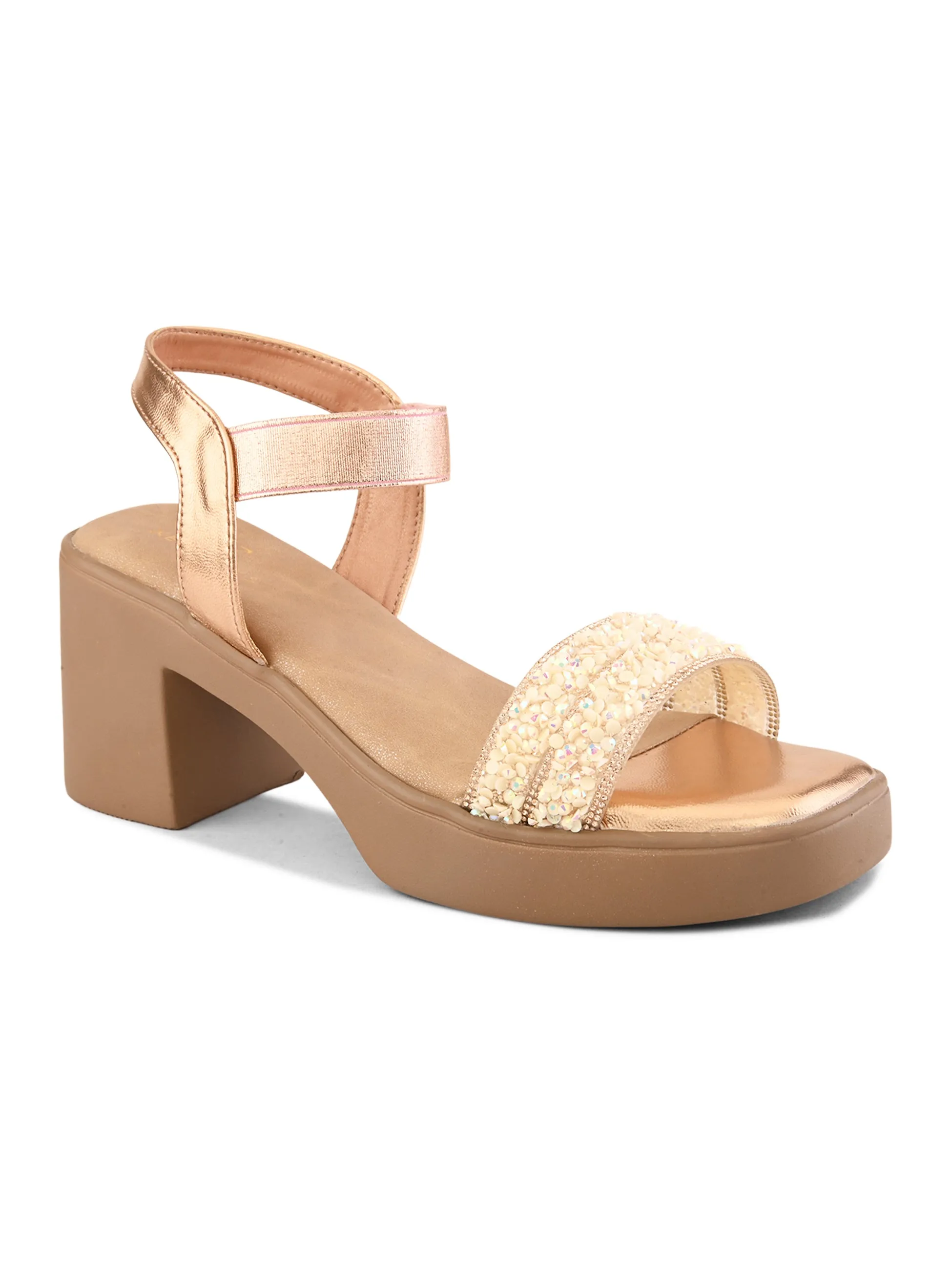 Embellished Beaded Strap Block Heel Sandal